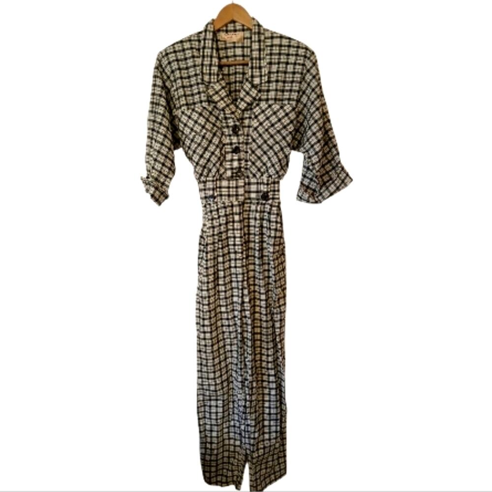 Vintage 80s Candace By Ingrid Black And White Plaid Jumpsuit With Pockets